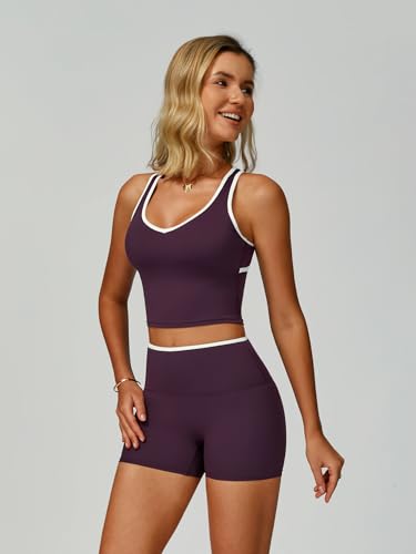 Workout Sets for Women 2 Piece Color Block V Neck Racerback Tank Top Built in Bra High Waist Shorts