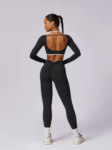 Workout Sets for Women Long Sleeve Crop Top Scrunch Butt Lifting High Waist Leggings with Pockets 2 Piece Outfits