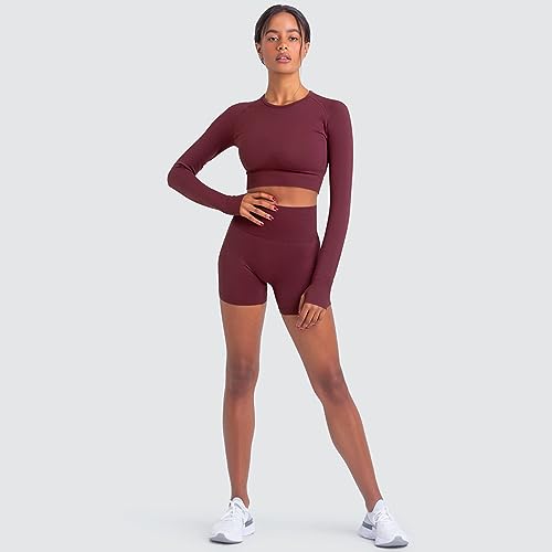 Women Yoga 2 Pieces Workout Long Sleeve Crop Top Sports Bra + Running Shorts Sets Athletic Fitness Gym Tracksuit