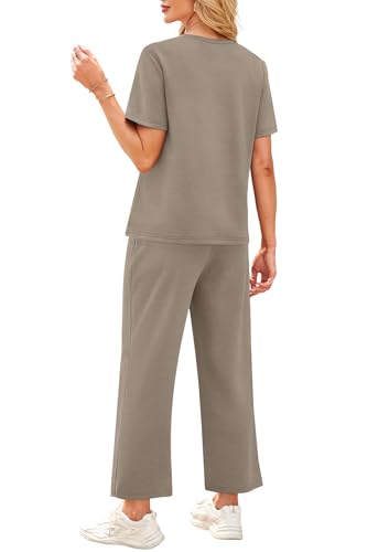 2 Piece Sets for Women Casual Summer Travel Vacation Outfits Short Sleeve Wide Leg Crop Pants Lounge Sets