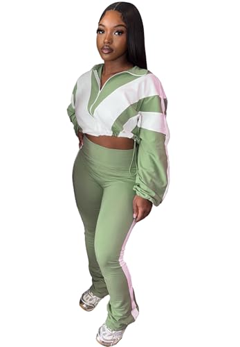 Women's Color Block 2 Piece 80s 90s Outfits Sweatshirt Zip Up Jacket and Bodycon Pants Tracksuit Sets