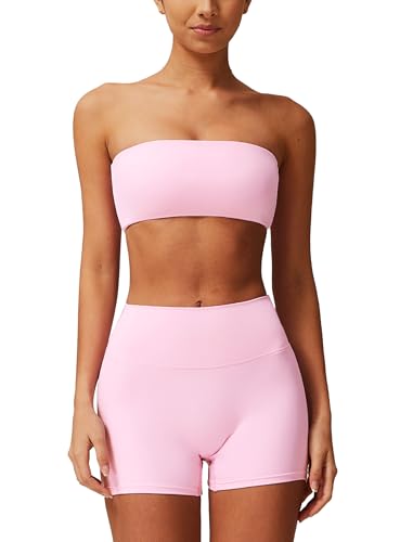 Women Workout Sets Bandeau Bralette Sports Bra Scrunch Butt Lifting High Waist Shorts 2 Piece Gym Yoga Outfits