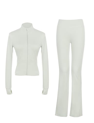Girls Stand Collar Zipper Elastic Slim Coat, High Waist Flare Pants, Kids Athletic Yoga Dance Gym Set