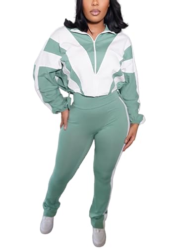 Women's Color Block 2 Piece 80s 90s Outfits Sweatshirt Zip Up Jacket and Bodycon Pants Tracksuit Sets