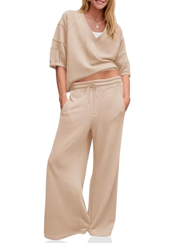 Womens 2 Piece Outfits Casual V Neck Shirts Wide Leg Running Long Pants Loose Workout Tracksuit Sets