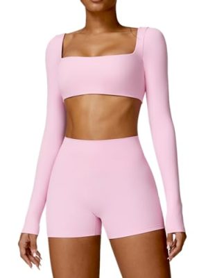 Workout Sets for Women 2 Piece Square Neck Long Sleeve Crop Tops High Waist Biker Shorts Gym Sets