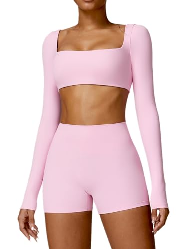 Workout Sets for Women 2 Piece Square Neck Long Sleeve Crop Tops High Waist Biker Shorts Gym Sets