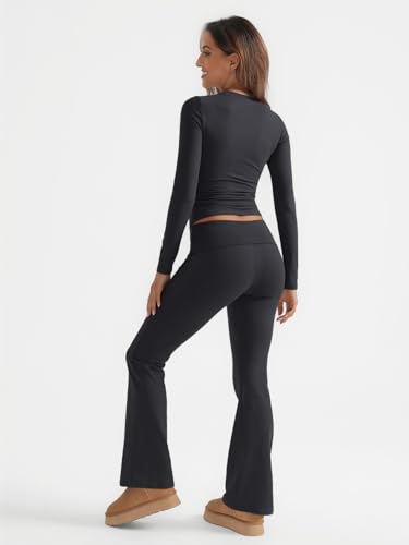 Lounge Sets For Women 2 Piece Outfits Long Sleeve Shirts and Fold Over Yoga Pants Two Piece Workout Sets