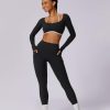 Workout Sets for Women Long Sleeve Crop Top Scrunch Butt Lifting High Waist Leggings with Pockets 2 Piece Outfits