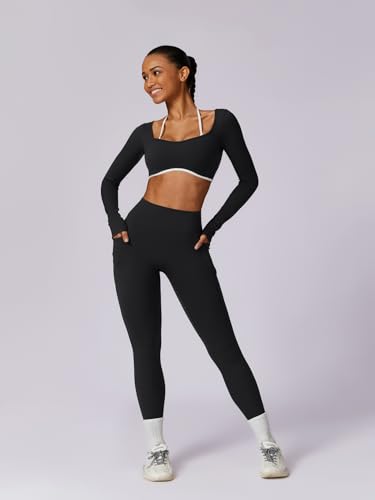 Workout Sets for Women Long Sleeve Crop Top Scrunch Butt Lifting High Waist Leggings with Pockets 2 Piece Outfits