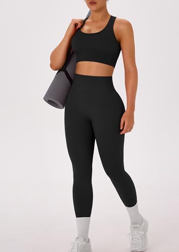 Womens Workout Sets 2 Piece - Acid Wash Seamless Yoga Outfits High Waist Leggings Padded Racerback Sports Bra Gym Set