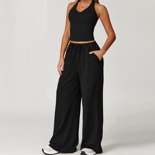 2 Pieces Women Workout Outfits Fitness Sportswear Gym Wide Leg Straight Pants Tracksuit Sports Tank Suit
