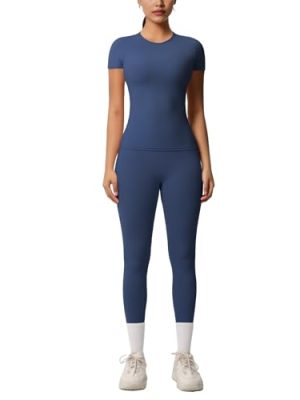 Women’s 2 Piece Workout Set – Athletic T-Shirt & High Waist Leggings – Activewear for Gym, Running & Yoga