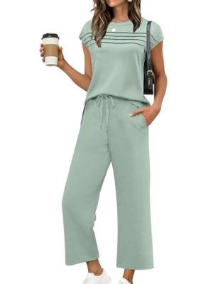 Two Piece Sets for Women Summer Travel Vacation Outfits Cap Sleeve Lounge Matching Sets Wide Leg Pants S-3XL