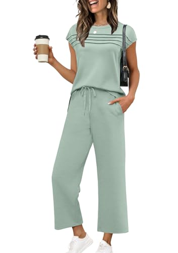 Two Piece Sets for Women Summer Travel Vacation Outfits Cap Sleeve Lounge Matching Sets Wide Leg Pants S-3XL