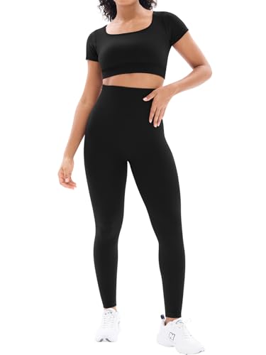 Womens Seamless Workout Sets 2 Piece Open Back Crop Tops High Waist Leggings Yoga Outfits Gym Clothes Sets