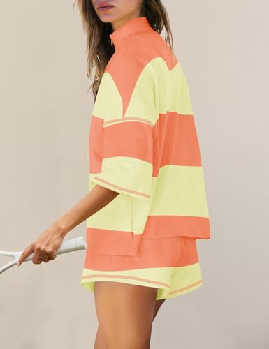 Women Striped Workout Set Two Piece Outfit Tracksuit Oversized Lounge Set Top and Shorts Sets with Pockets