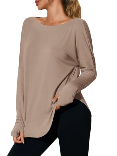Tankaneo Womens Open Back Workout Shirts Casual Long Sleeve Boat Neck Tops Athletic Gym Yoga Tees with Thumb Holes