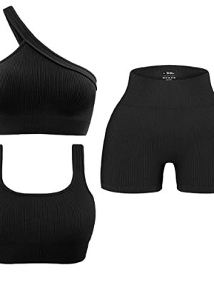 Womens 3 Piece Workout Sets - Seamless Ribbed Yoga Outfits Sports Bra One Shoulder Top Biker Shorts Gym Athletic Cloth