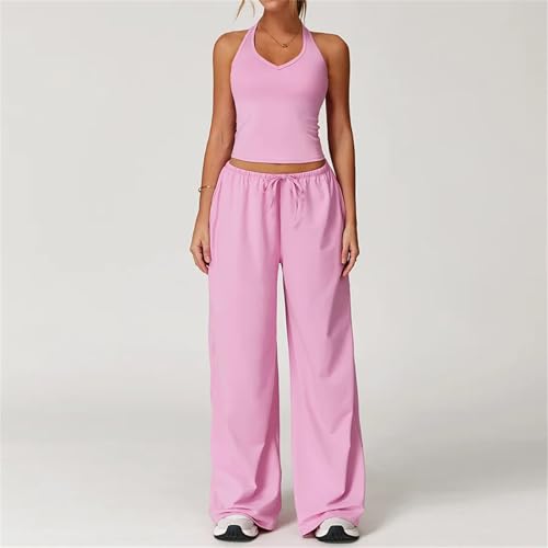 2 Pieces Women Workout Outfits Fitness Sportswear Gym Wide Leg Straight Pants Tracksuit Sports Tank Suit