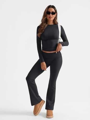 Lounge Sets For Women 2 Piece Outfits Long Sleeve Shirts and Fold Over Yoga Pants Two Piece Workout Sets