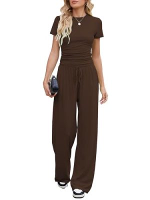 Women's 2 Piece Lounge Sets For Women Summer 2025 Ruched Short Sleeve Tops Wide Leg Pant Sets Tracksuit