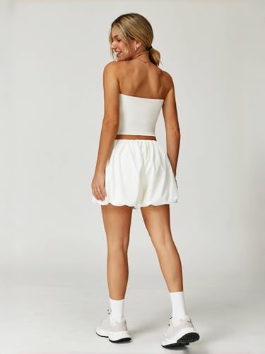 Womens Summer 2 Piece Outfits Y2k Crop Tube Tops Built in Bra Bubble Shorts Workout Sets Tracksuit