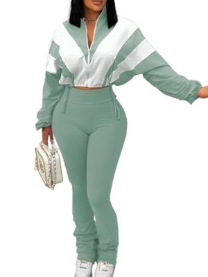Women's Color Block 2 Piece 80s 90s Outfits Sweatshirt Zip Up Jacket and Bodycon Pants Tracksuit Sets