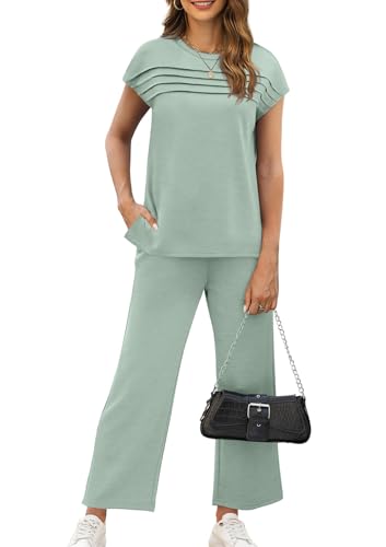 Two Piece Sets for Women Summer Travel Vacation Outfits Cap Sleeve Lounge Matching Sets Wide Leg Pants S-3XL