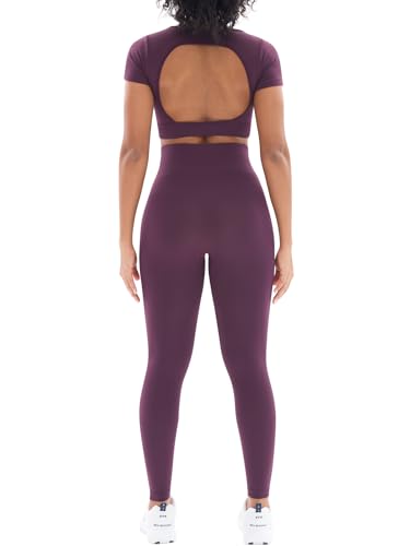 Womens Seamless Workout Sets 2 Piece Open Back Crop Tops High Waist Leggings Yoga Outfits Gym Clothes Sets (L085 Purple M)