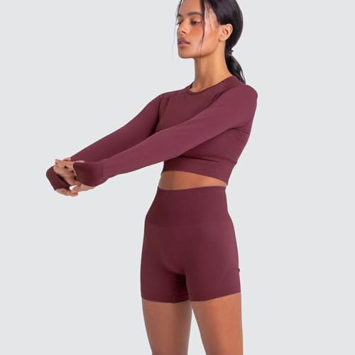 Women Yoga 2 Pieces Workout Long Sleeve Crop Top Sports Bra + Running Shorts Sets Athletic Fitness Gym Tracksuit