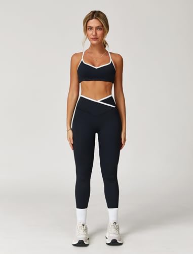 Women 2 Piece Workout Sets ColorBlock Cross Back Sports Bra High Waist Tummy Control Active Leggings Yoga Outfit