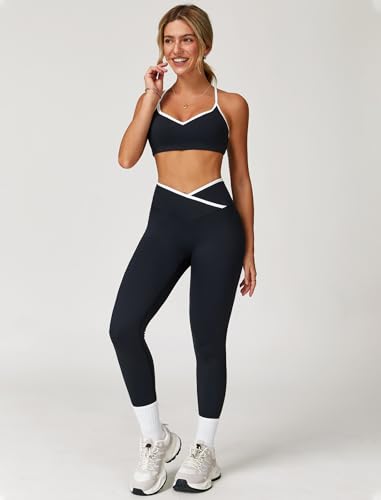 Women 2 Piece Workout Sets ColorBlock Cross Back Sports Bra High Waist Tummy Control Active Leggings Yoga Outfit
