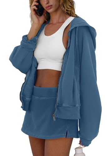 Womens 2 Piece Workout Sets Lounge Matching Sets Zip Up Hoodie and Skirt Gym Clothes Yoga Outfits (Navy Blue,M)