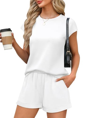 2 Piece Sets for Women Casual Summer Travel Vacation Outfits Cap Sleeve Shorts Lounge Set