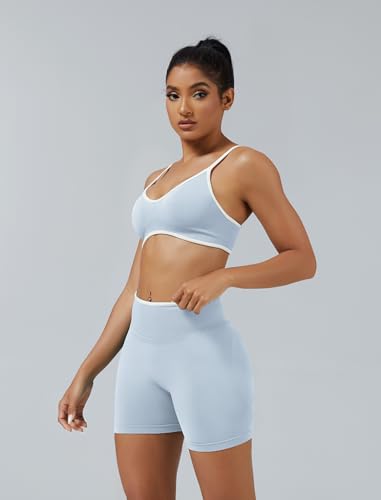 Workout Sets for Women Color Block Sports Bra Hidden Scrunch High Waist Biker Shorts 2 Piece Gym Yoga Outfits