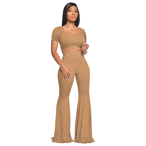 2 Piece Outfits for Women Workout Sets - Sexy Crop Top + High Waisted Flared Long Pant Sets Track Suits Yoga Sports