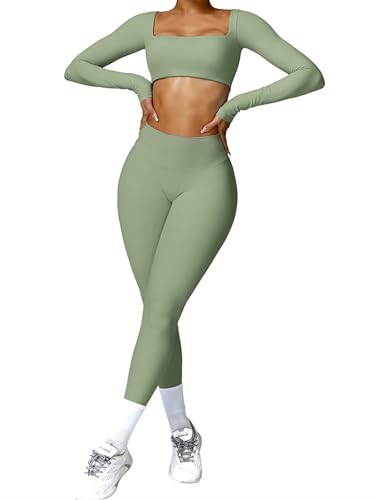 2 Piece Workout Sets for Women Long Sleeve Crop Tops and Yoga Pants Outfits High Waist Flared Leggings Gym Sets