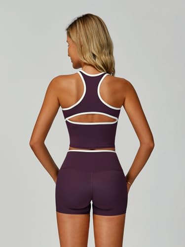 Workout Sets for Women 2 Piece Color Block V Neck Racerback Tank Top Built in Bra High Waist Shorts