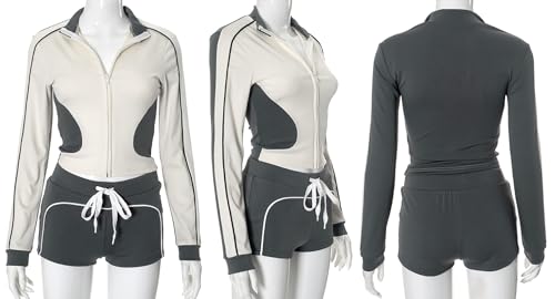 Womens Spring 2 Piece Workout Sets Long Sleeve Zip up Jacket Crop Tops High Waist Biker Shorts Gym Yoga Outfits