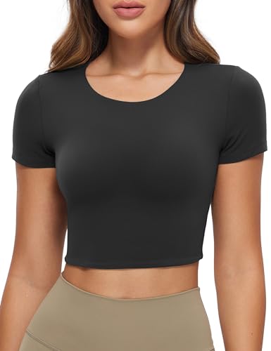 Womens Butterluxe Double Lined Short Sleeve Crop Tops Crew Neck Casual Workout T-Shirt Cute Basic Tee