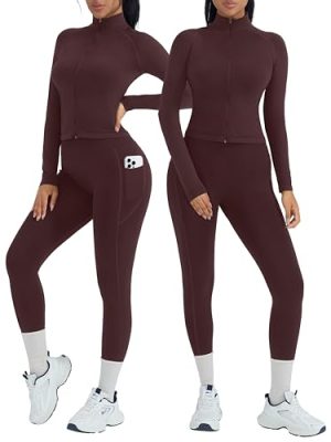 2 Piece Workout Sets for Women Zip Up Jacket Gym Leggings with Pockets Yoga Sets
