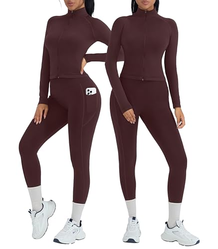 2 Piece Workout Sets for Women Zip Up Jacket Gym Leggings with Pockets Yoga Sets