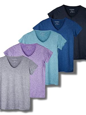 5 Pack Women’s Short Sleeve V-Neck Workout T-Shirts – Athletic Gym Fitness Pilates Plus Size Active Tees