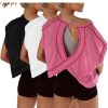 Womens 3 Pack Open Back Tops Casual Short Sleeve Workout Shirts Y2k Crop Athletic Tops Gym Yoga Running Tees