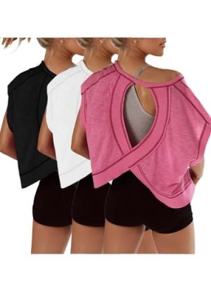 Womens 3 Pack Open Back Tops Casual Short Sleeve Workout Shirts Y2k Crop Athletic Tops Gym Yoga Running Tees