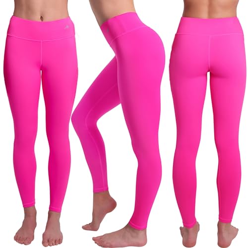 Tummy Control Compression Leggings for Women | High Waisted Workout Yoga Pants (Black + Pink, Large) Bundle