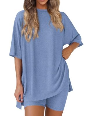 Women's Two Piece Lounge Set 2025 Summer Casual Oversized Shirts Biker Shorts Matching Airport Travel Outfit