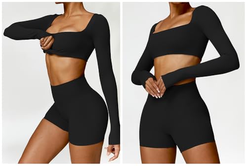 2 Piece Women's Workout Sets,Seamless Long Sleeve Gym Bra Outfits,Butt Lifting Shorts Pants Short trousers.