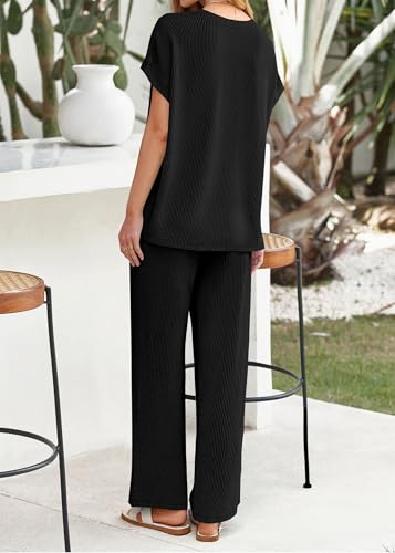 41E0bqy2kPL.jpg Summer Sets Women 2 Piece Outfits Casual Ribbed Knit Short Sleeve Tops Wide Leg Pants Lounge Set Travel Tracksuit